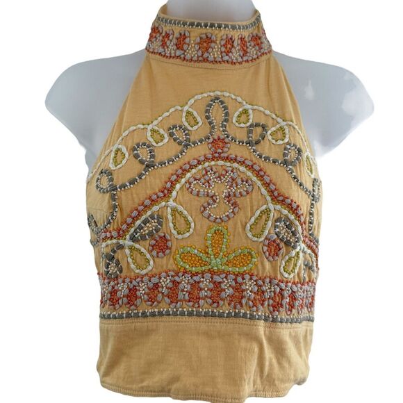 Free People Goa Embroidered Crop Top Yellow Size XS Tie Back Boho Halter Beaded - Picture 3 of 9
